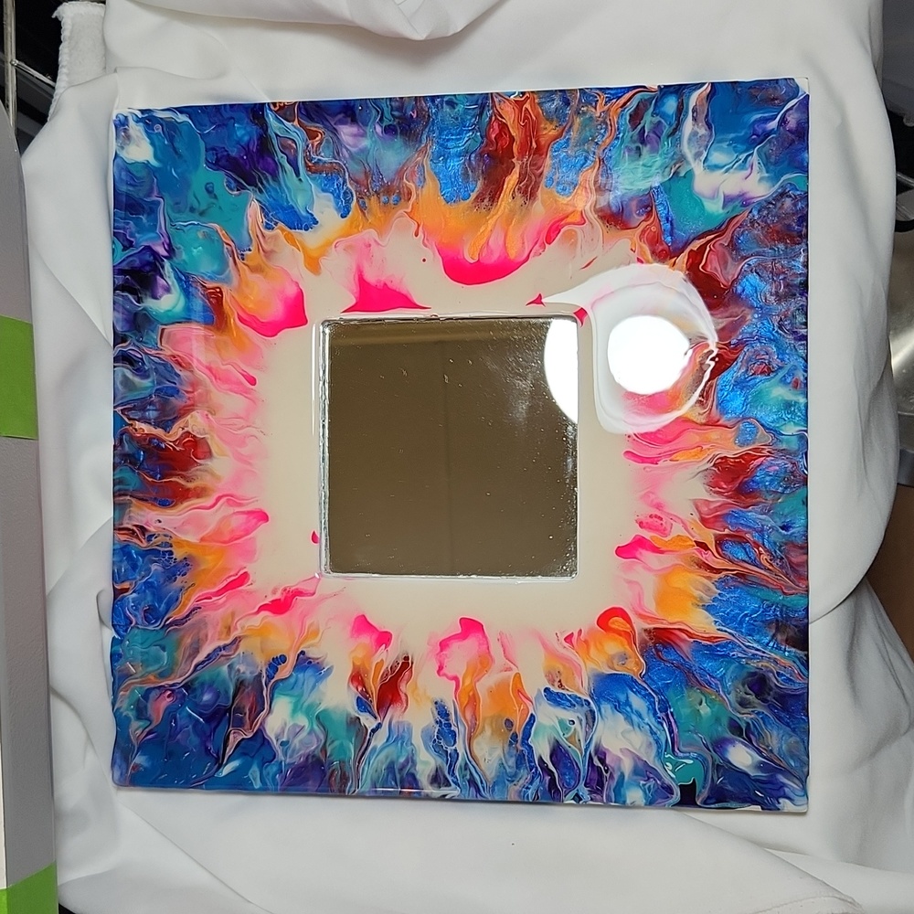 Hand Crafted Painted Mirror Frame Fire & Ice Acrylic Fluid Resin Art